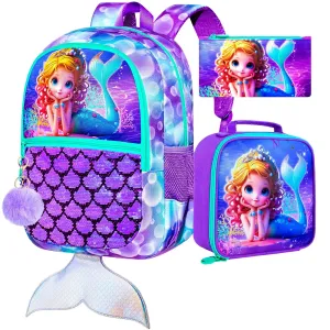 3 Piece Mermaid Backpack Set For Girls 16 Inch Sequin Bookbag Lunch Box Elementary School