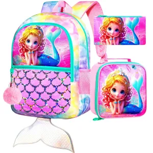 3 Piece Mermaid Backpack Set For Girls 16 Inch Sequin Bookbag With Lunch Box Elementary School