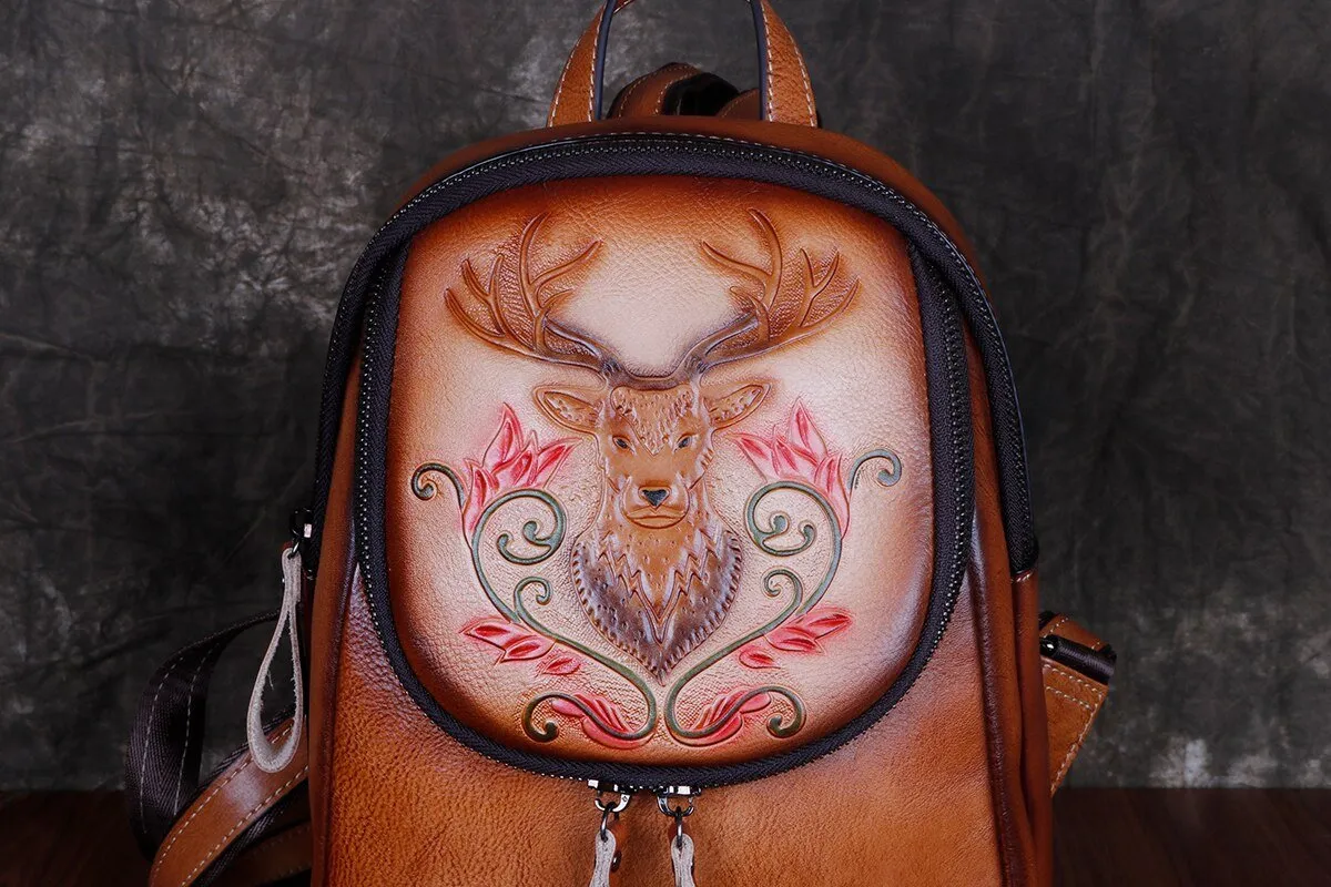 BOLAIER Leather Large-Capacity Deer Emblem Unisex Backpack Bag