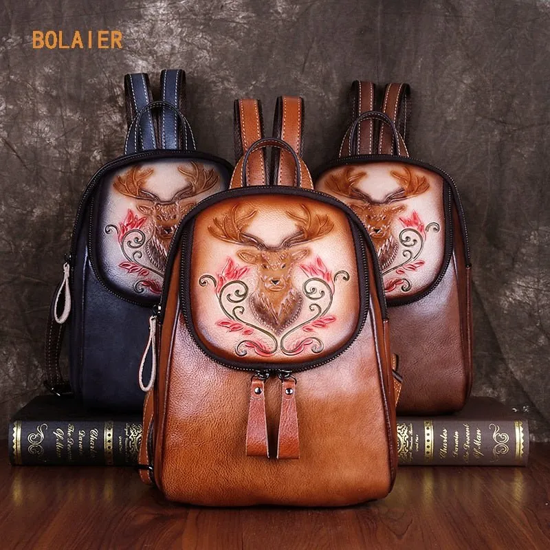 BOLAIER Leather Large-Capacity Deer Emblem Unisex Backpack Bag