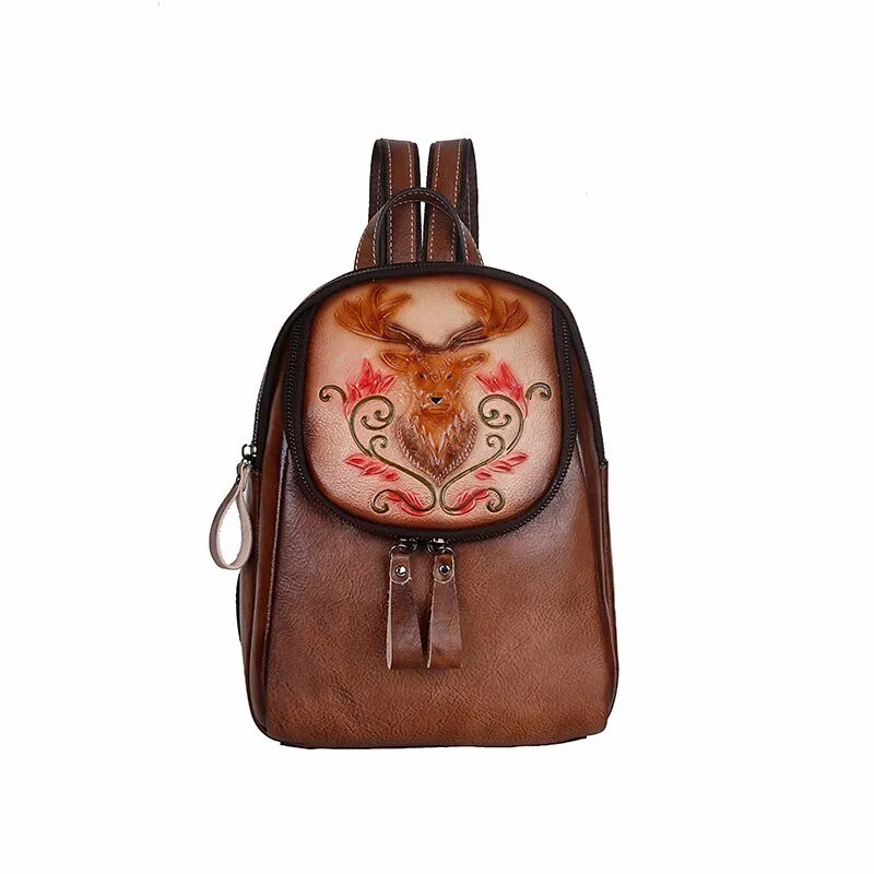 BOLAIER Leather Large-Capacity Deer Emblem Unisex Backpack Bag