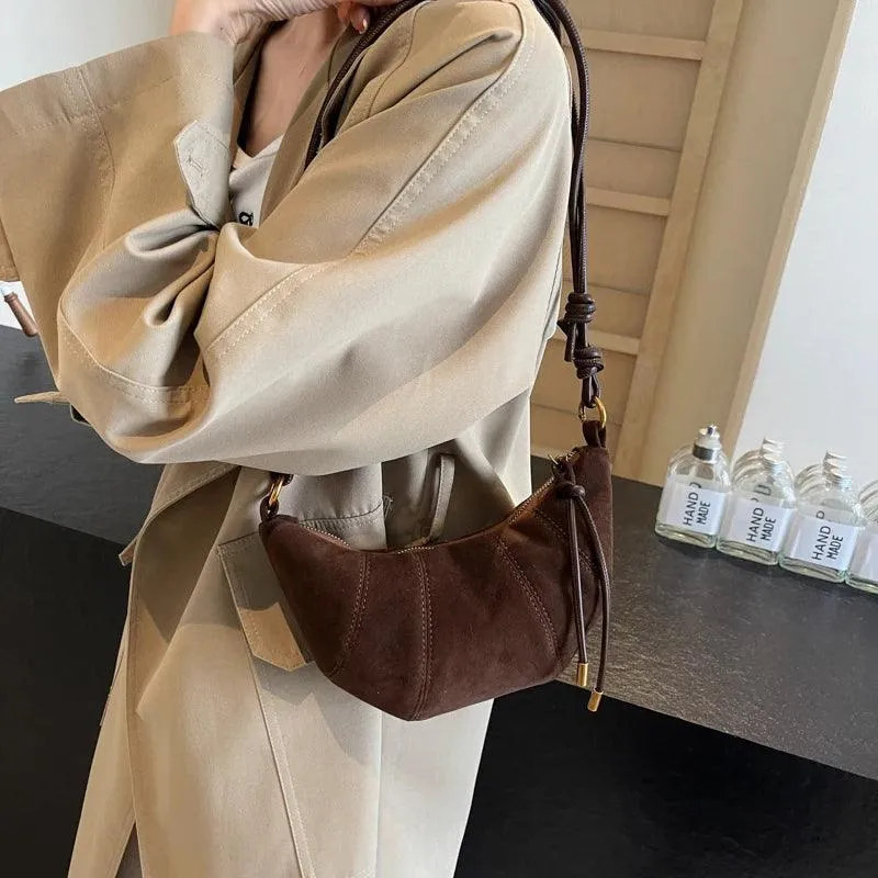 Crescent Suede Nubuck Leather Small Zipper Women Soft Crossbody Shoulder Bags