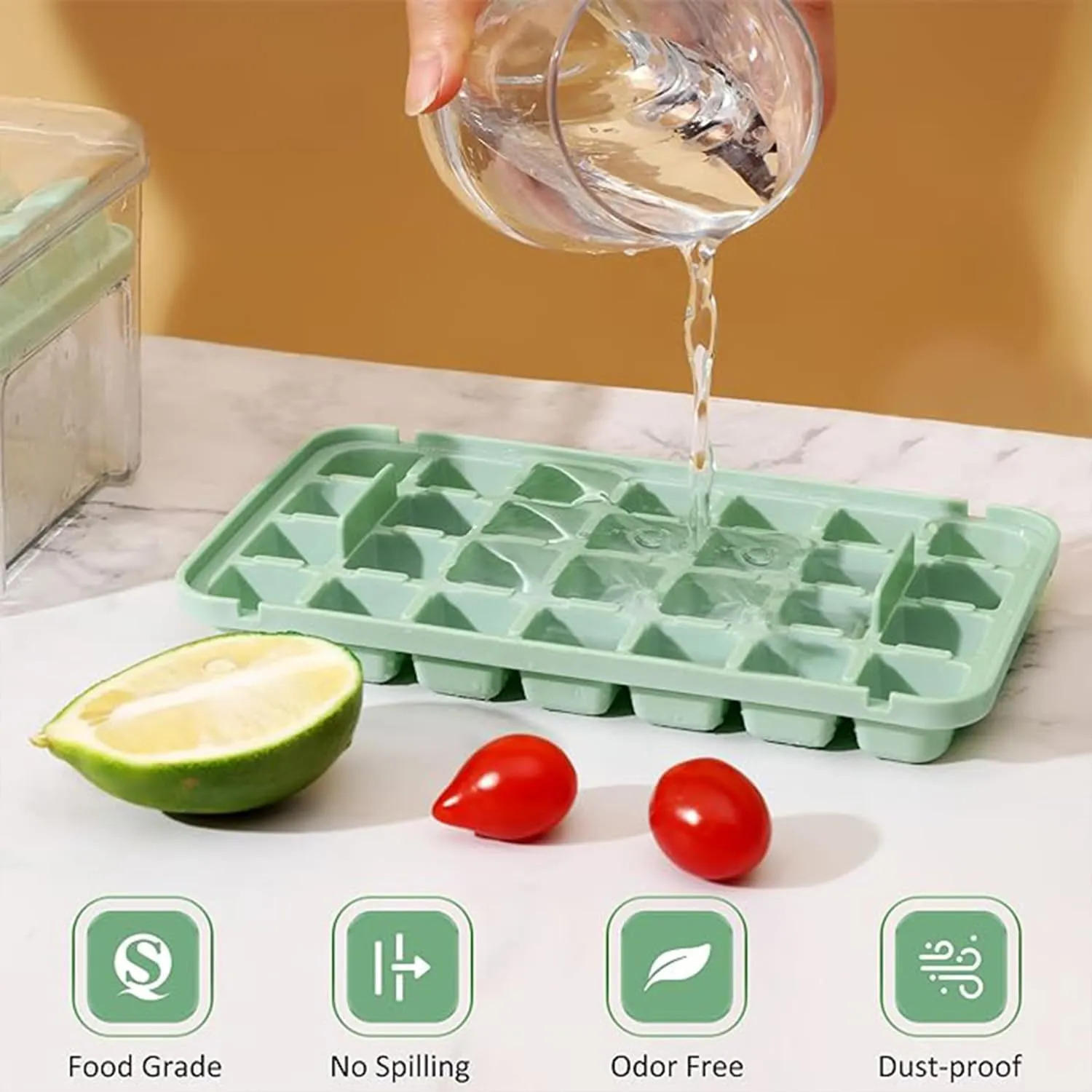 Kuber Industries Pack of 6| 2 Layer Ice Cube Tray with Lid | Ice Cube Storage Box with Ice Scoop | 56 Ice Cube Molds for Freezing | One-Press Demolding | BPA Free | Green