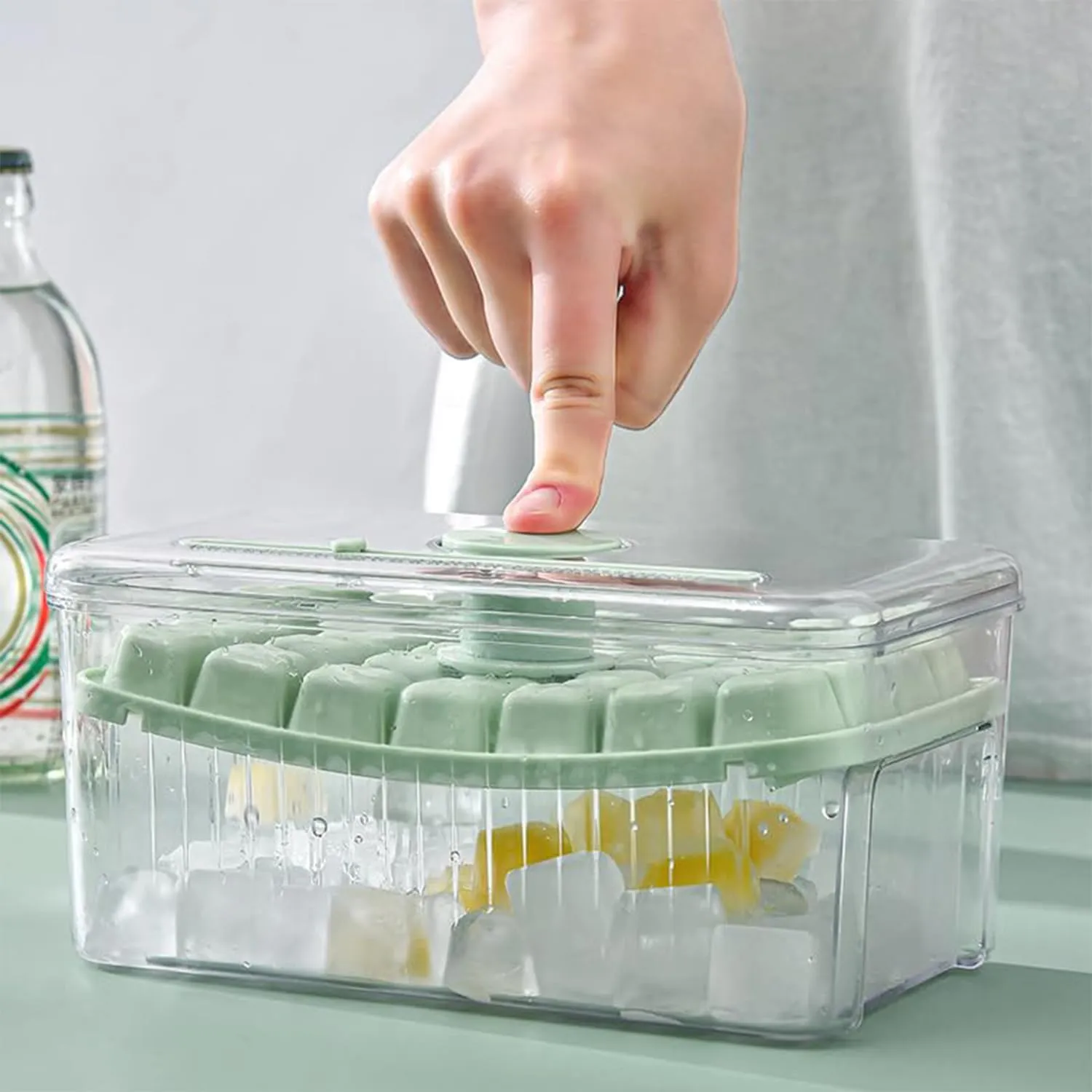 Kuber Industries Pack of 6| 2 Layer Ice Cube Tray with Lid | Ice Cube Storage Box with Ice Scoop | 56 Ice Cube Molds for Freezing | One-Press Demolding | BPA Free | Green