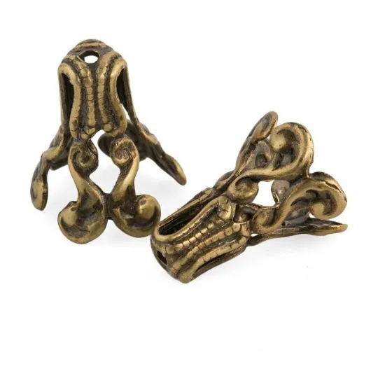 Oxidized brass fancy 3 prong bead cap 13x11mm. Pkg of 2. b9-2441