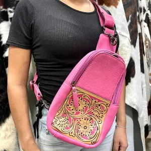 Pink Tooled Leather Sling Bag