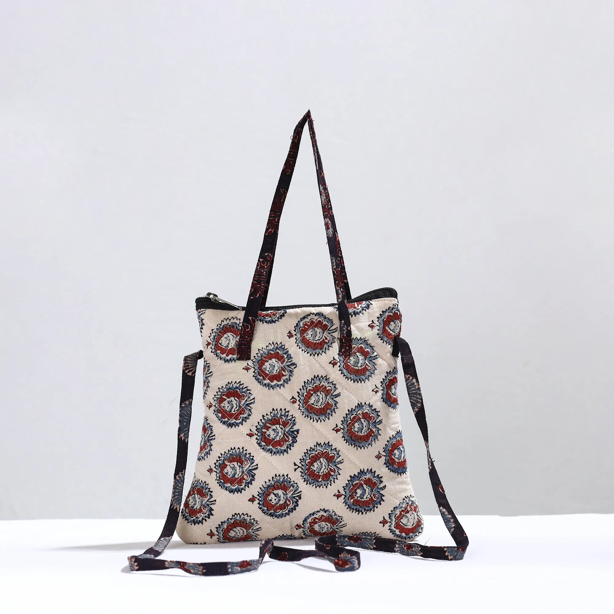 White - Handmade Quilted Cotton Ajrakh Block Printed Sling Bag 01